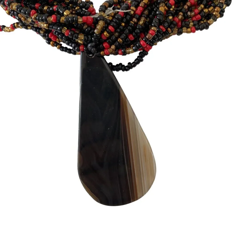 seed multistrand necklace red black large agate slab pendant statement